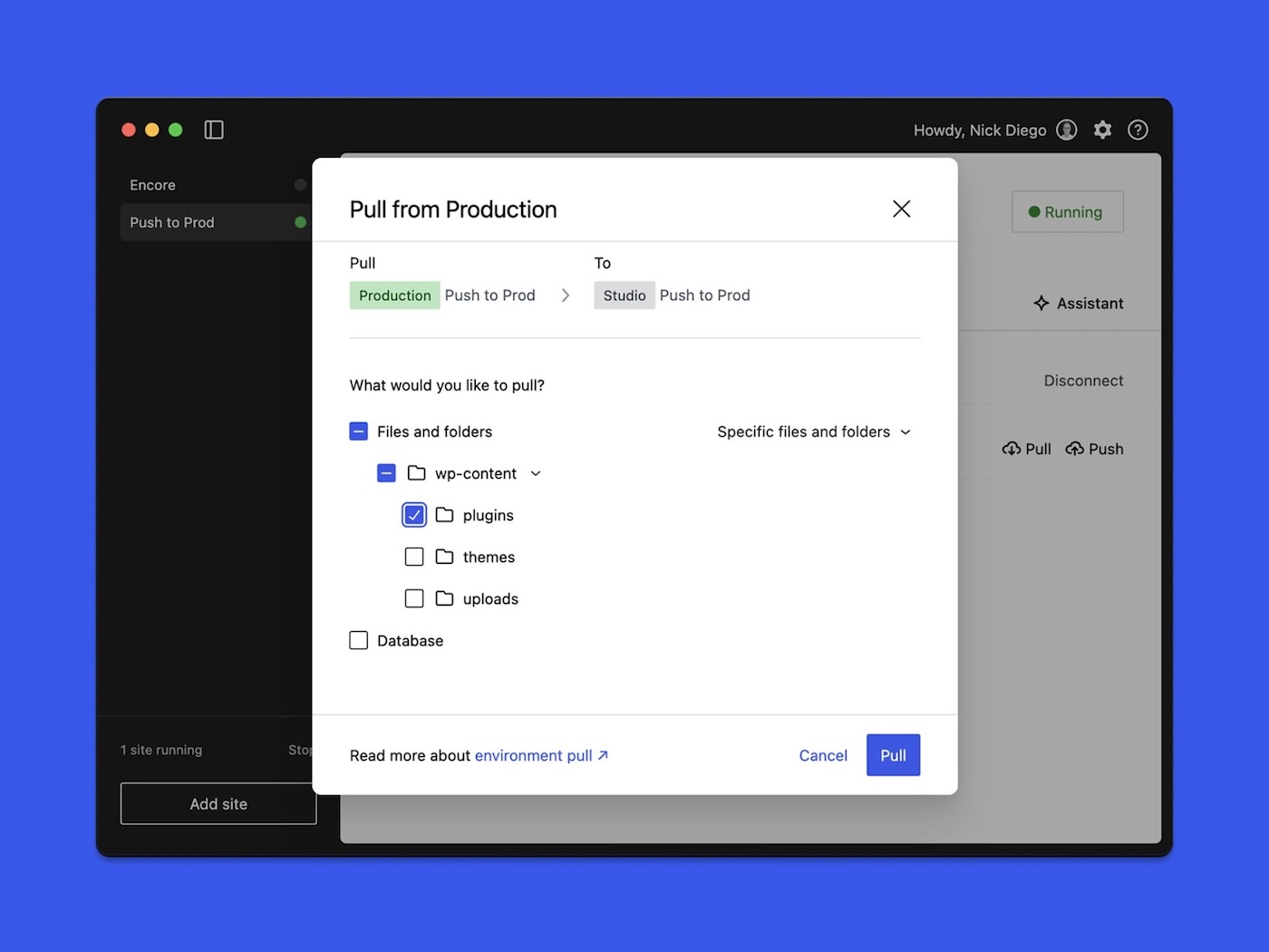 The Pull from Production window in WordPress Studio with 'Files and folders,' wp-content, and plugins checked