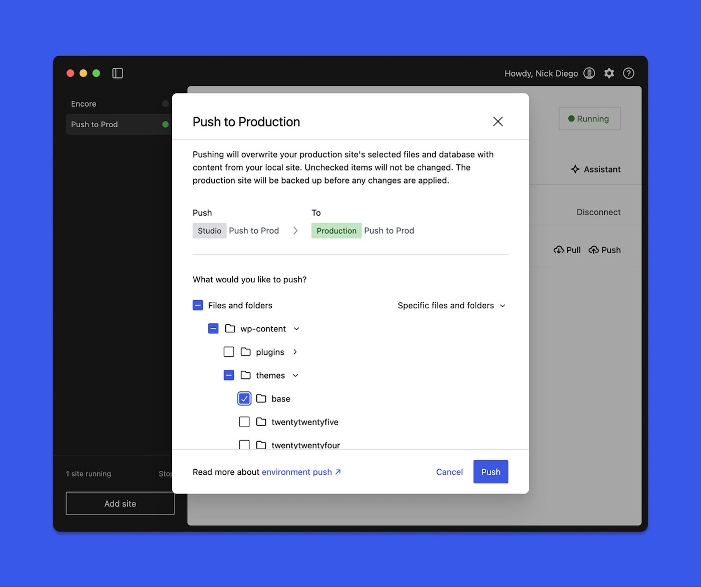 The Push to Production window in WordPress Studio with 'Files and folders,' wp-content, themes, and base checked